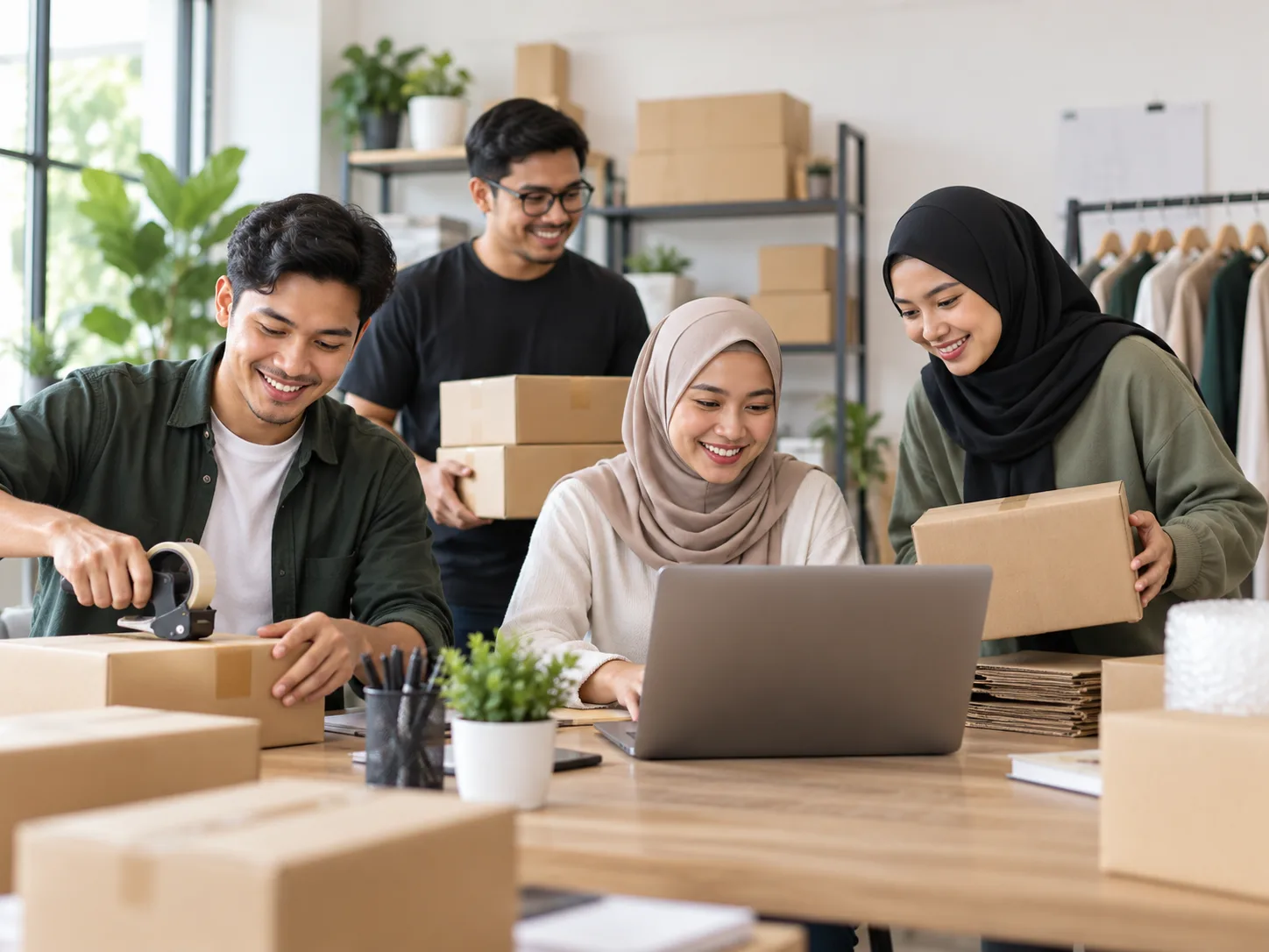 Team ecommerce mengurus dan membungkus pesanan